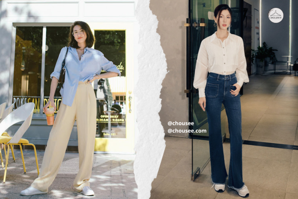 7+ phối đồ với áo thun có cổ nữ chuẩn style Hàn Quốc 11 Áo thun cổ sơ mi phối cùng quần ống rộng và sneaker