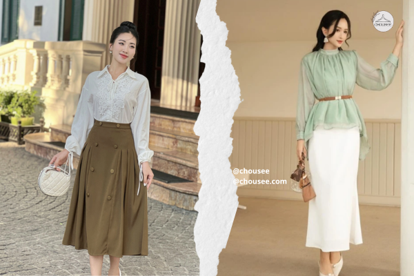Phối Đồ Cho Phụ Nữ Trung Niên: 10+ Công Thức Thanh Lịch, Trẻ Trung 16 Áo thun cổ tròn kết hợp chân váy midi mang lại vẻ nữ tính, nhẹ nhàng