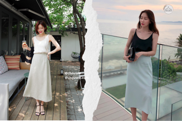 7 Cách Phối Đồ Đi Biển Cho Nữ Béo Hack Dáng, Lên Hình Cực Xinh 14 Sự kết hợp giữa áo hai dây to bản và váy midi tạo nên tổng thể mềm mại