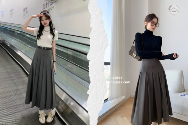 14 Cách Phối Đồ Tết Cho Nữ Đẹp, Trẻ Trung & Hợp Xu Hướng 2026 17 Chân váy xếp ly thướt tha, tạo phong cách mỹ nhân hoài cổ đầy cuốn hút dịp Tết.